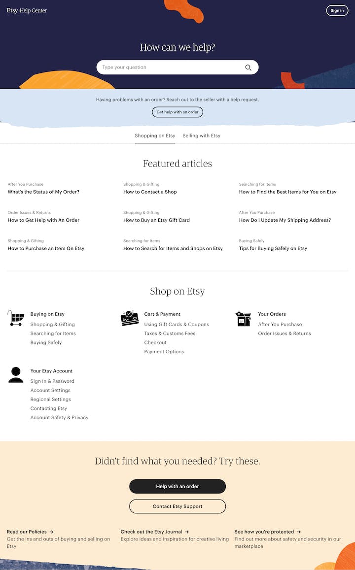 Etsy Help Center - FAQ examples
