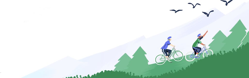 Illustration: two cyclists riding up a hill and pointing at birds