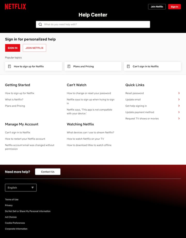 Netflix Help Center - FAQ examples