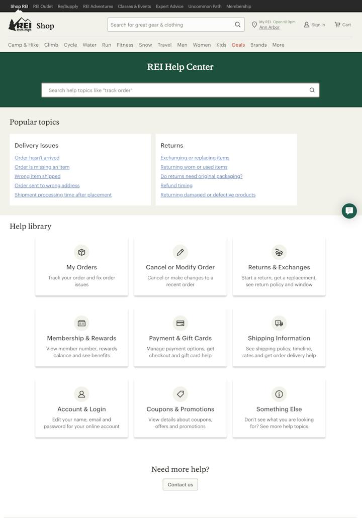 REI Help Center - FAQ examples