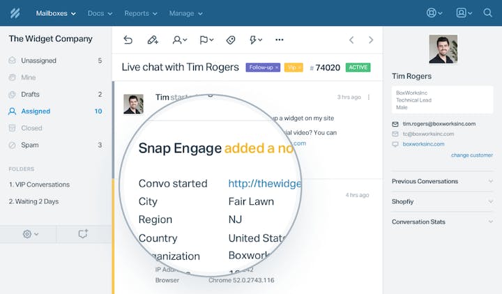 SnapEngage - Example of a Help Scout conversation with SnapEngage