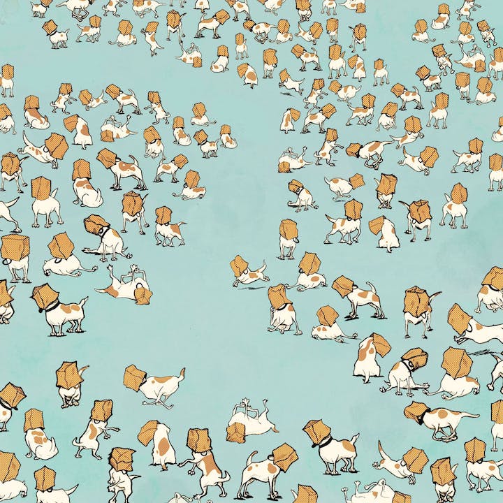 illustration representing 25,000 Jack Russell terriers with their heads stuck in paper sacks