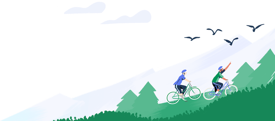 Illustration: two cyclists riding up a hill and pointing at birds