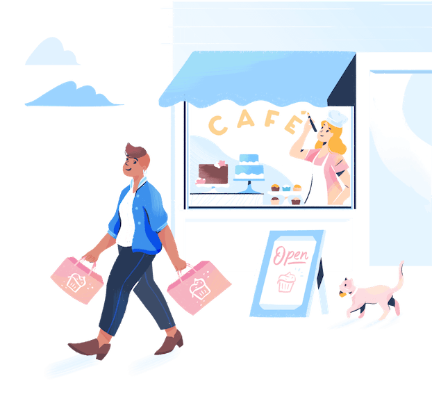 Illustration: a contented shopper leaves a bakery-café with two bags