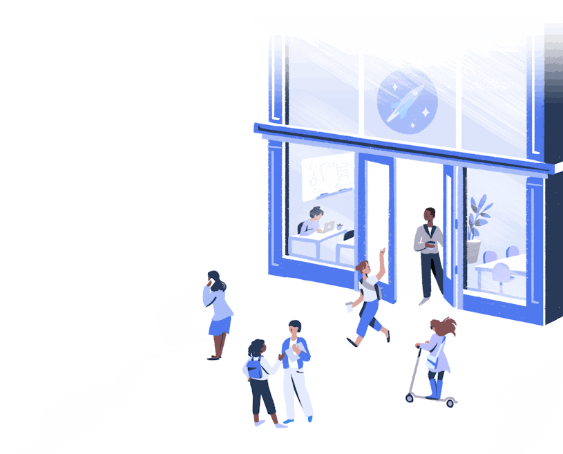 Illustration: Startup office with bustling people outside