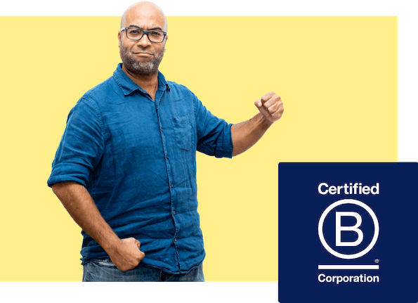 B Corp logo (and photo of Javier)