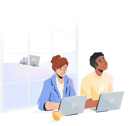 Illustration: two colleagues working side-by-side on their laptops