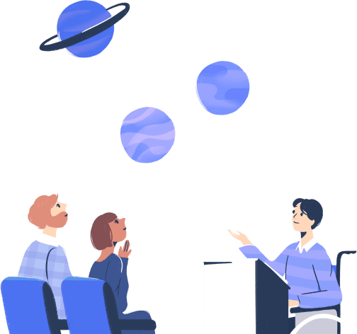 Illustration: two people learn about planets