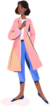Illustration: person wearing pink overcoat, holding a smartphone