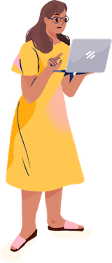 Illustration: person wearing yellow dress, standing while using a laptop computer